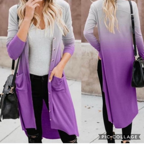 NWOT Button Down Pocketed High Low Cardigan Gray Purple - Picture 1 of 1